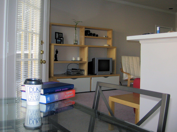 The living room, seen from the dining table.