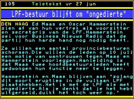 Teletext picture, with title: LPF-bestuur blijft om 'ongedierte'